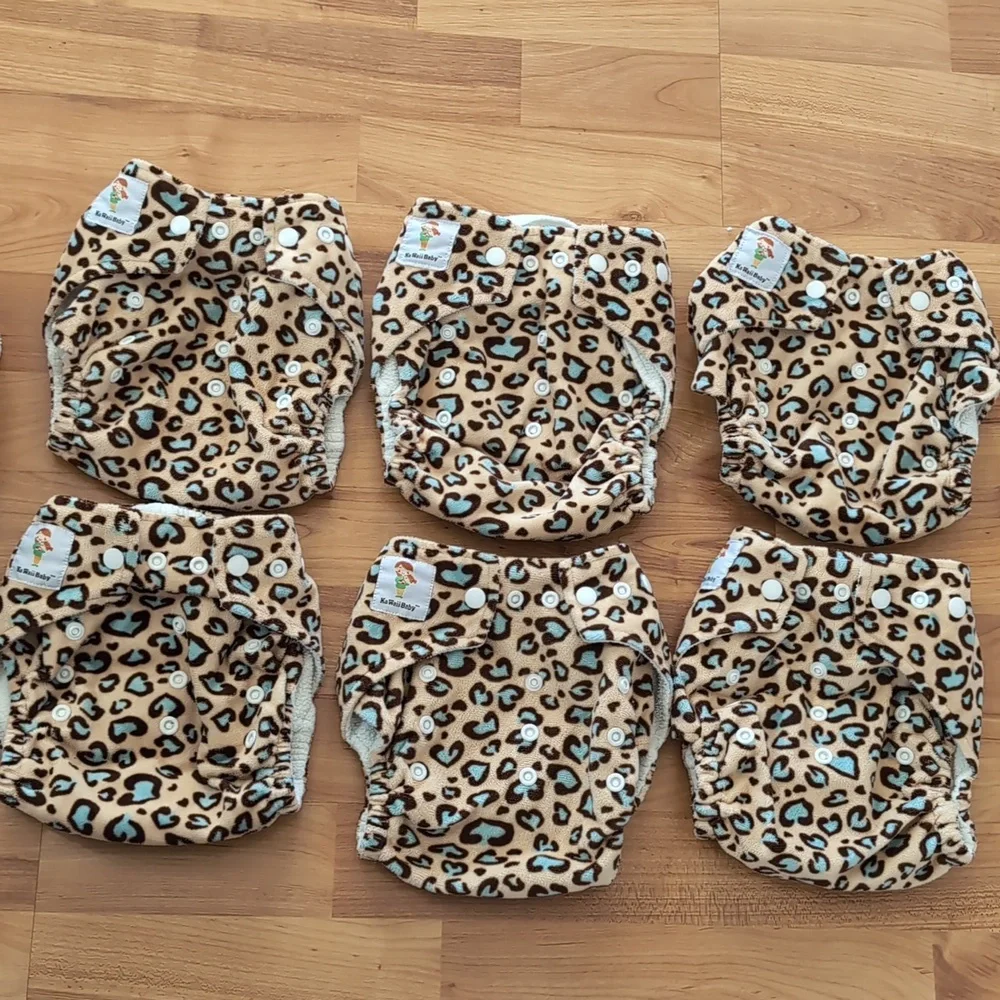 Kawaii Cloth Diaper Lot Bundle All In One Leopard Blue Tan Brown